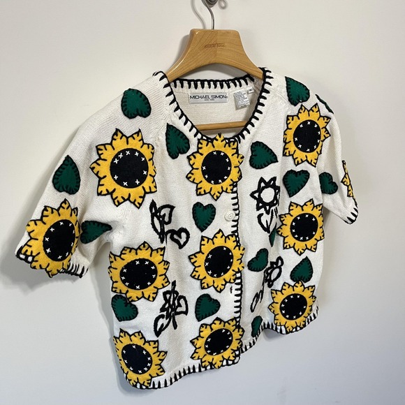 Vintage Michael Simon Sunflower Cardigan Sweater Womens M Cottage Cute Boho 90s - Picture 2 of 5